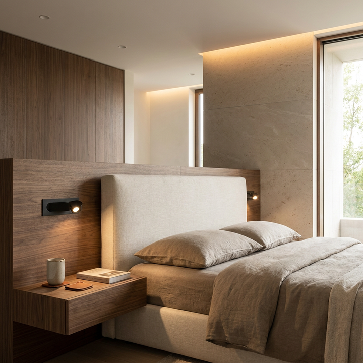 Modern LED Bedside Reading Light in Matt Black, mounted beside a bed in a contemporary bedroom.