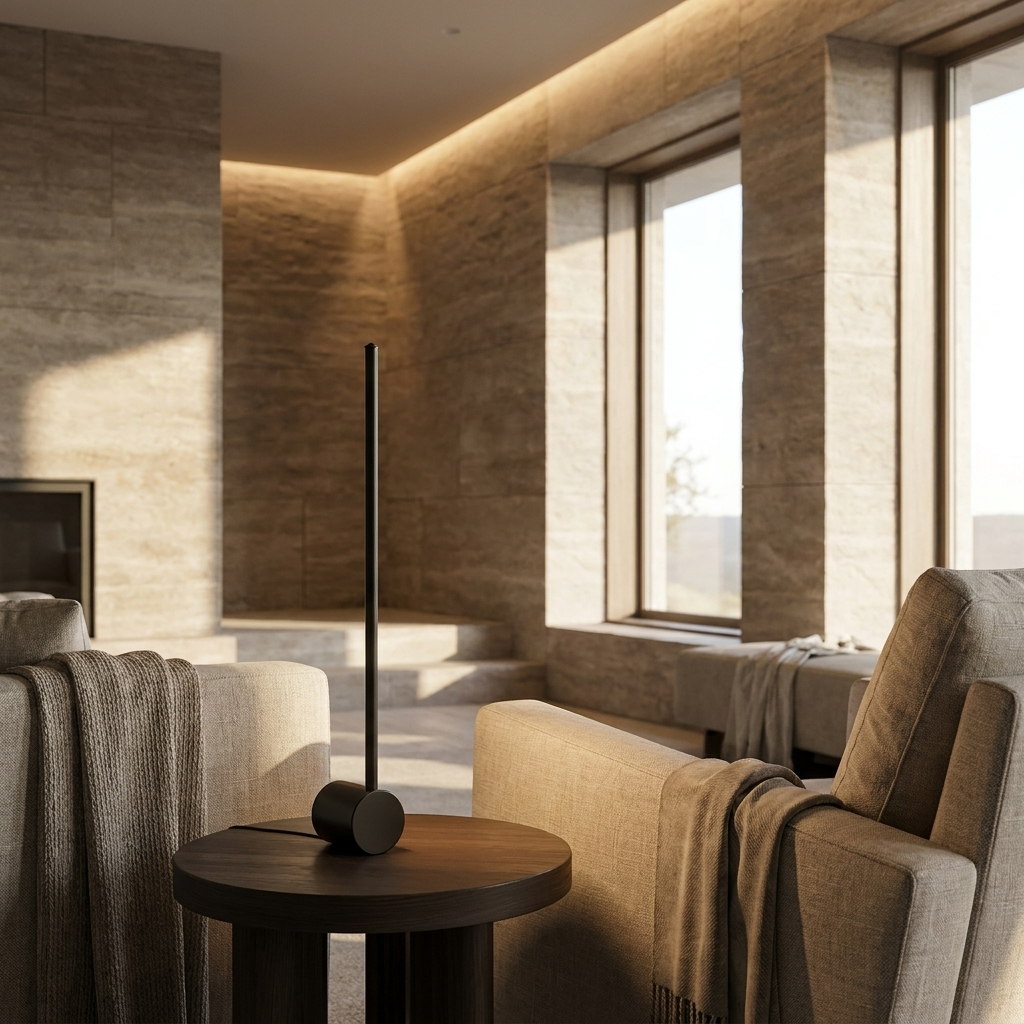 Luma Rod Portable Rechargeable Sconce in Black, on a side table in a contemporary living room.