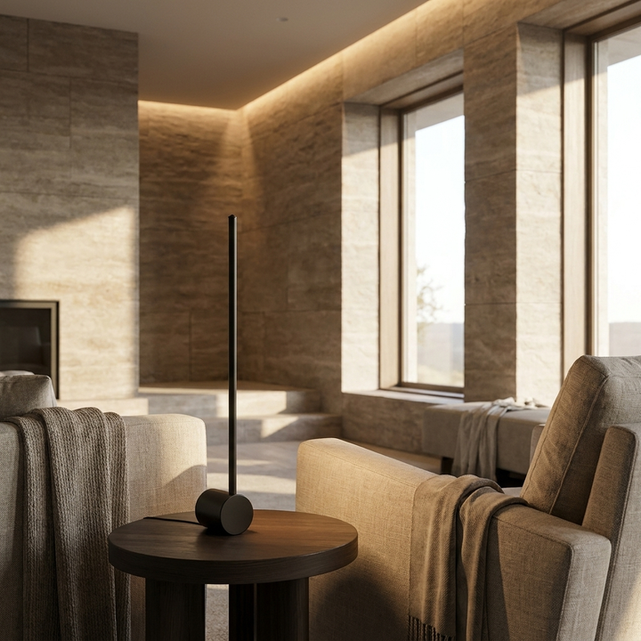 Luma Rod Portable Rechargeable Sconce in Black, on a side table in a contemporary living room.
