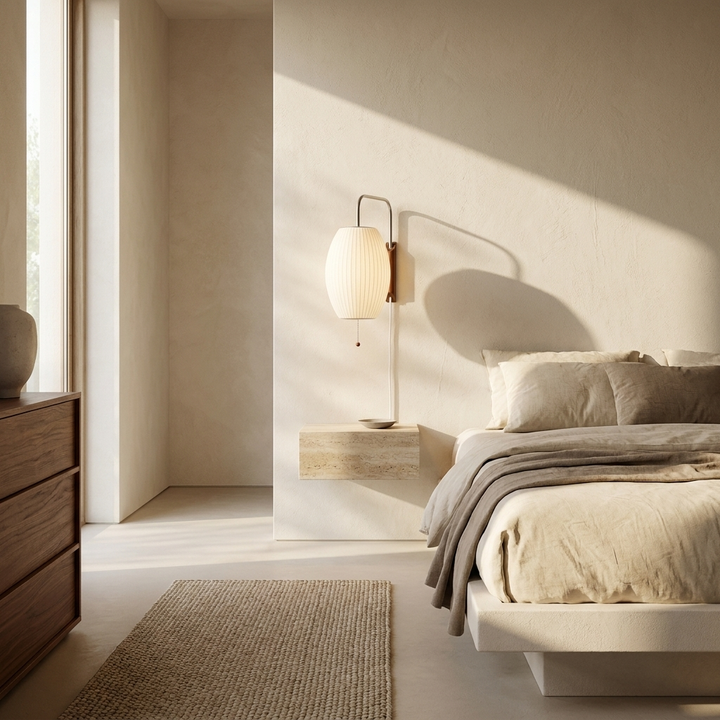 Bubble Ball Wall Sconce in White &amp; Walnut wood, installed beside a bed in a contemporary bedroom.