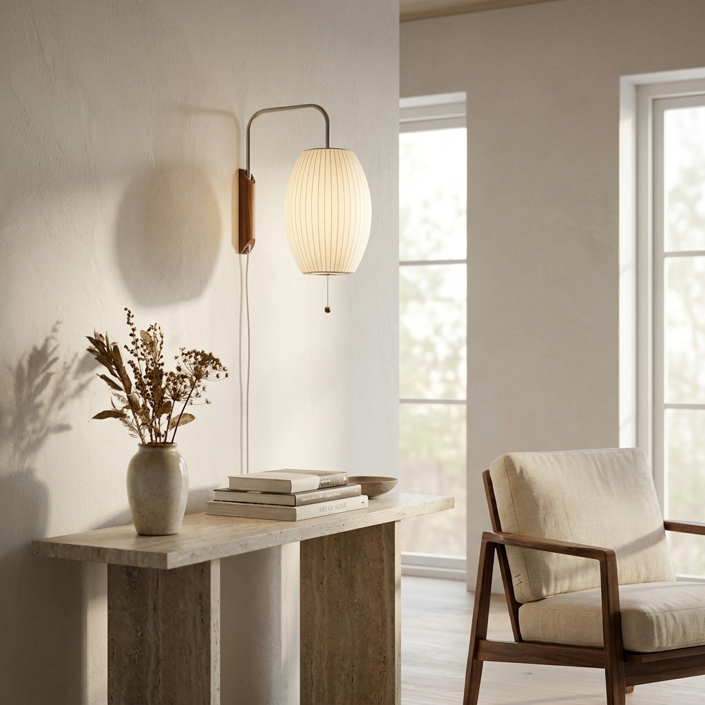 Bubble Ball Wall Sconce in White &amp; Walnut wood, installed in a contemporary living room.