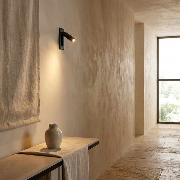 Embedded Bedside Sconce in Matt Black, installed in a contemporary hallway.