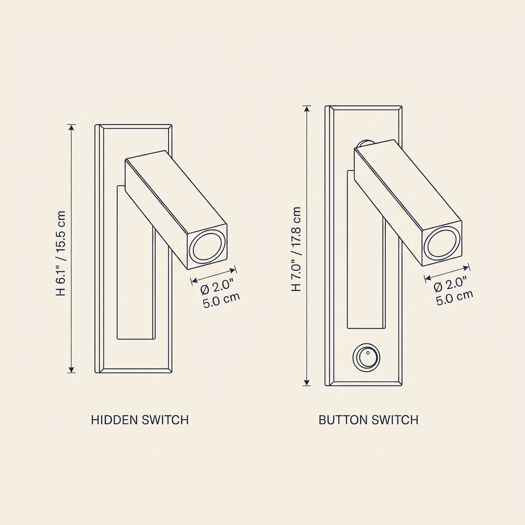 Embedded Bedside Sconce technical dimension drawing showing Hidden Switch and Button Switch configurations.