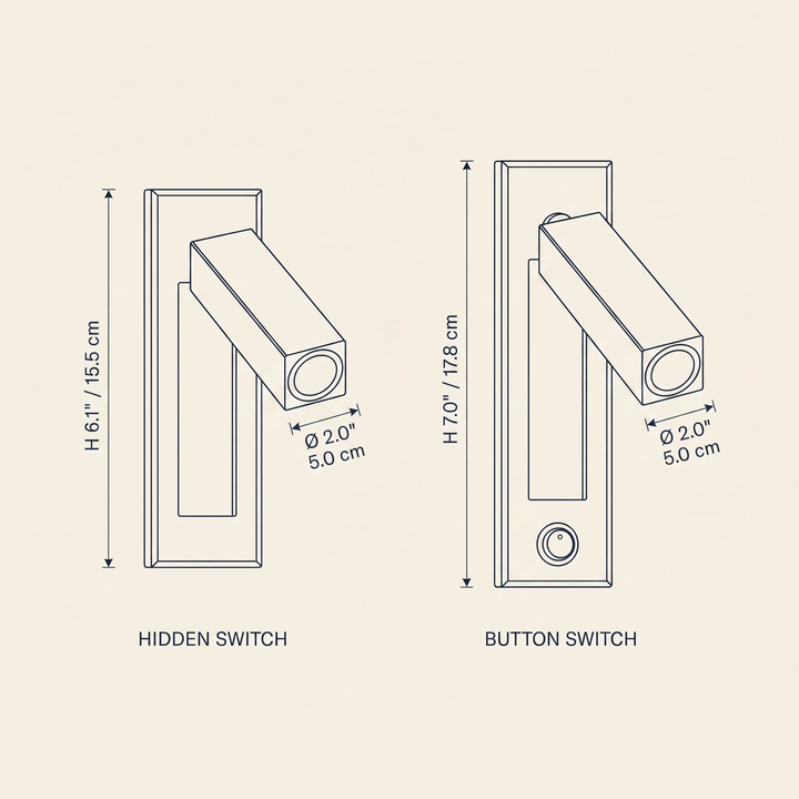 Embedded Bedside Sconce technical dimension drawing showing Hidden Switch and Button Switch configurations.
