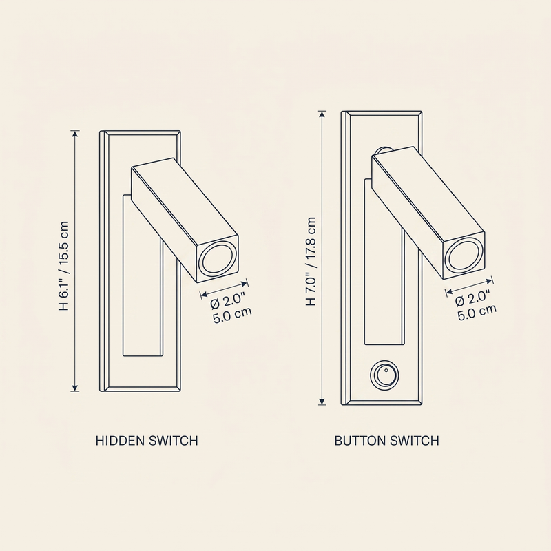 Embedded Bedside Sconce technical dimension drawing showing Hidden Switch and Button Switch configurations.