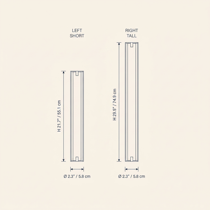 Isolde Alabaster Wall Sconce technical dimension drawing showing Short and Tall configurations, diameter 2.3 inches / 5.8 cm.