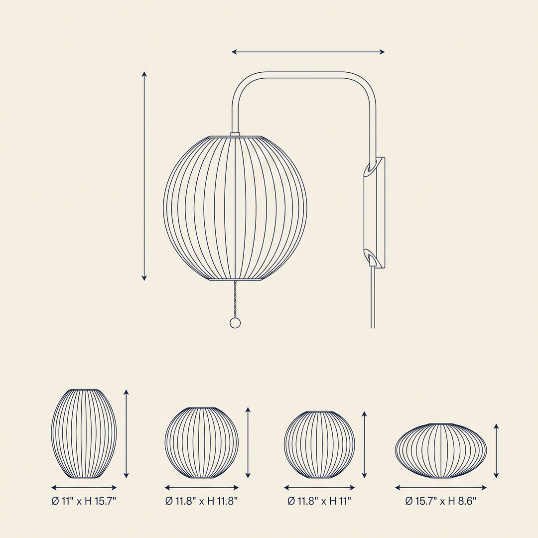 Bubble Ball Wall Sconce technical dimension drawing showing four shade size configurations.