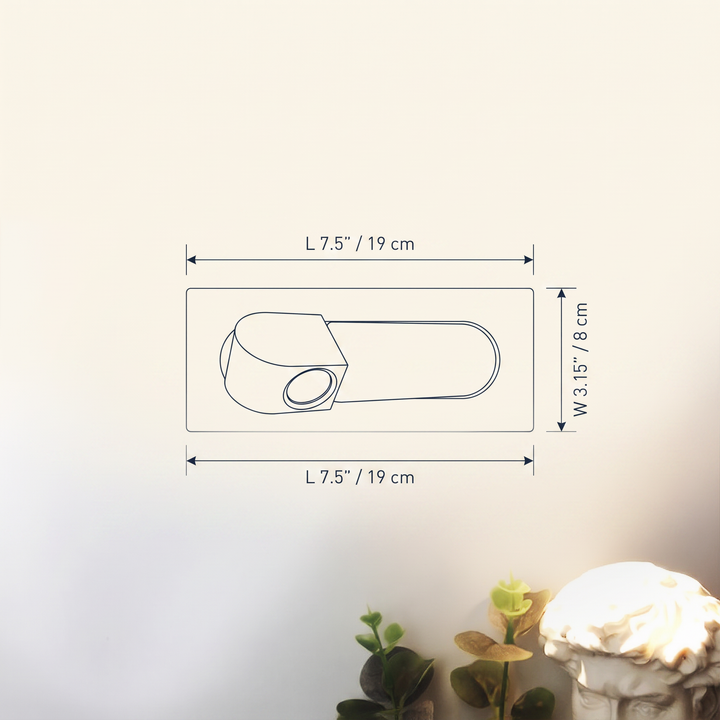 Modern LED Bedside Reading Light technical dimension drawing, length 7.5 inches / 19 cm, width 3.15 inches / 8 cm.