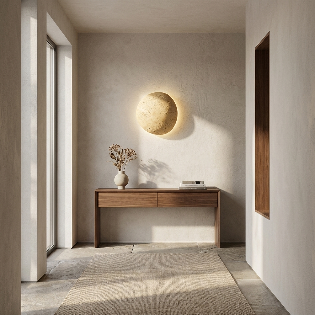 Pebble Stone Wall Light installed in a hallway entryway above a console table