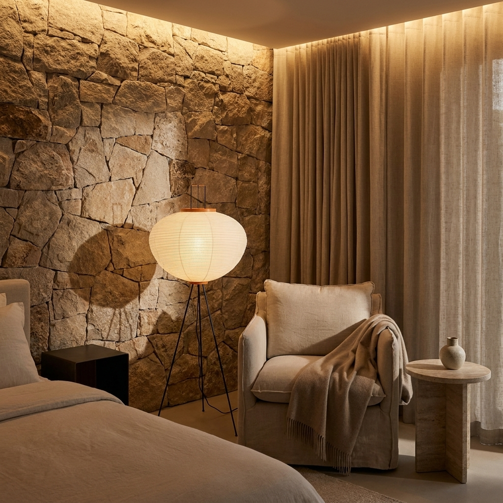 Rice Paper Floor Lamp shown in a bedroom setting beside an armchair