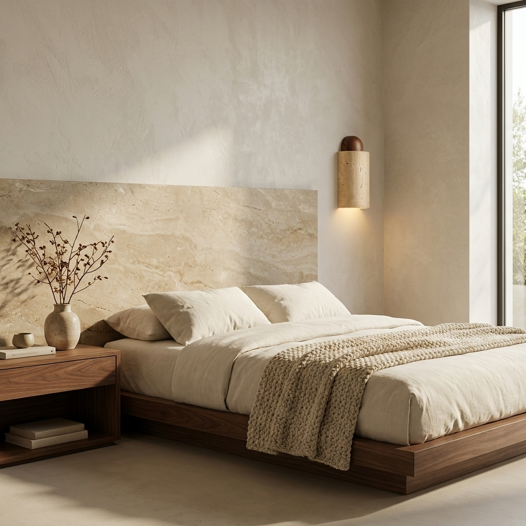 Travertine Capsule Wall Sconce installed on a plastered wall beside a bed in a contemporary bedroom