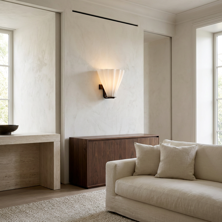 Fan Shaped Glass Wall Sconce installed in a contemporary living room