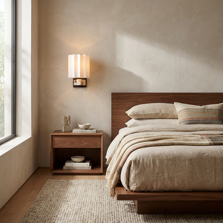 Textured Shade Wall Sconce installed beside a bed in a contemporary bedroom