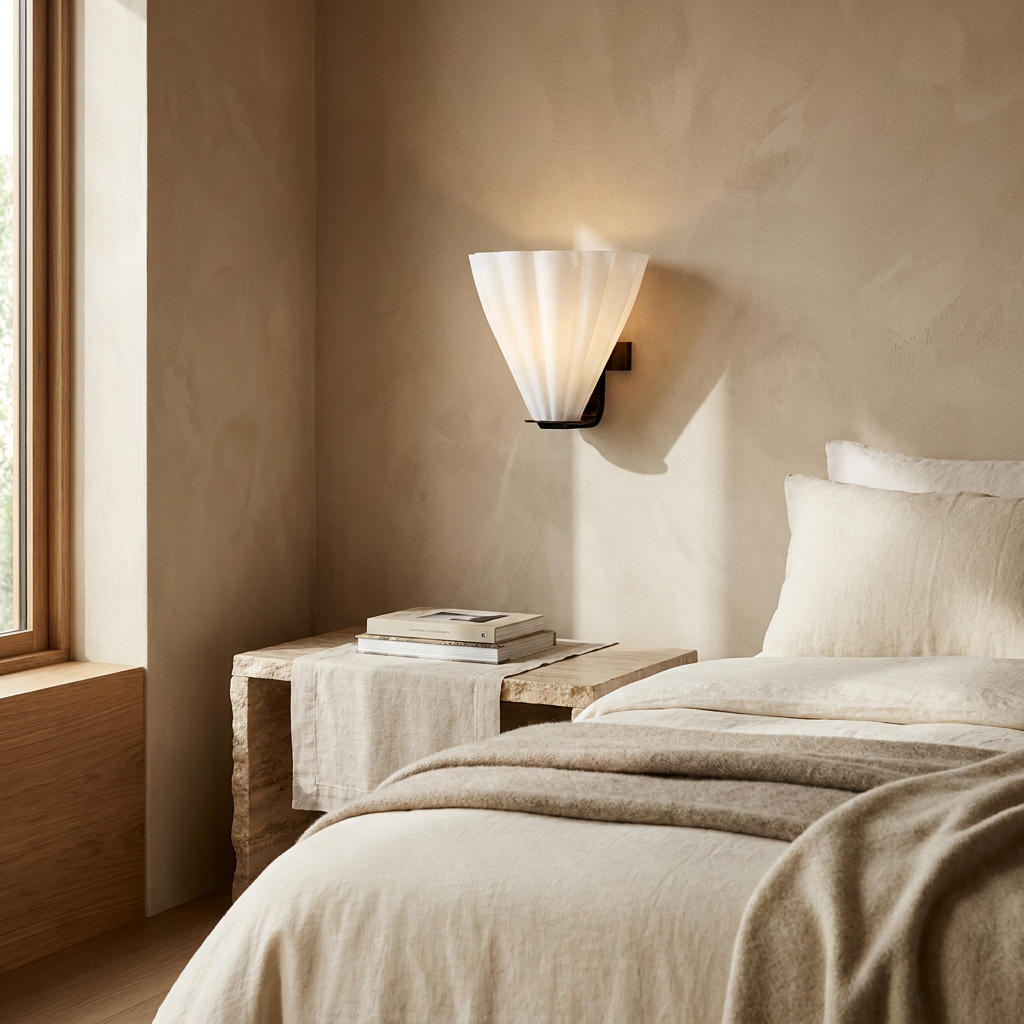 Fan Shaped Glass Wall Sconce shown beside a bed in a bedroom