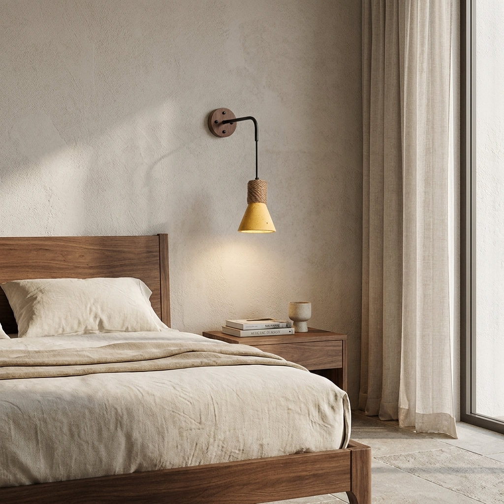 Terra Rope Wall Lamp installed above a bed in a contemporary bedroom