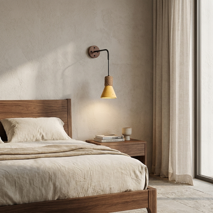 Terra Rope Wall Lamp installed above a bed in a contemporary bedroom