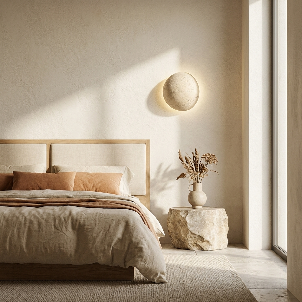 Pebble Stone Wall Light shown in a contemporary bedroom setting