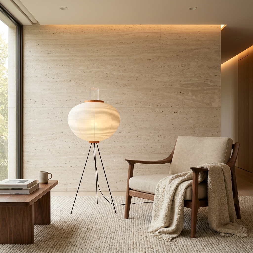 Rice Paper Floor Lamp in a living room reading corner beside an armchair
