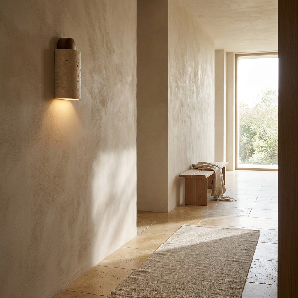 Travertine Capsule Wall Sconce shown in a hallway console setting
