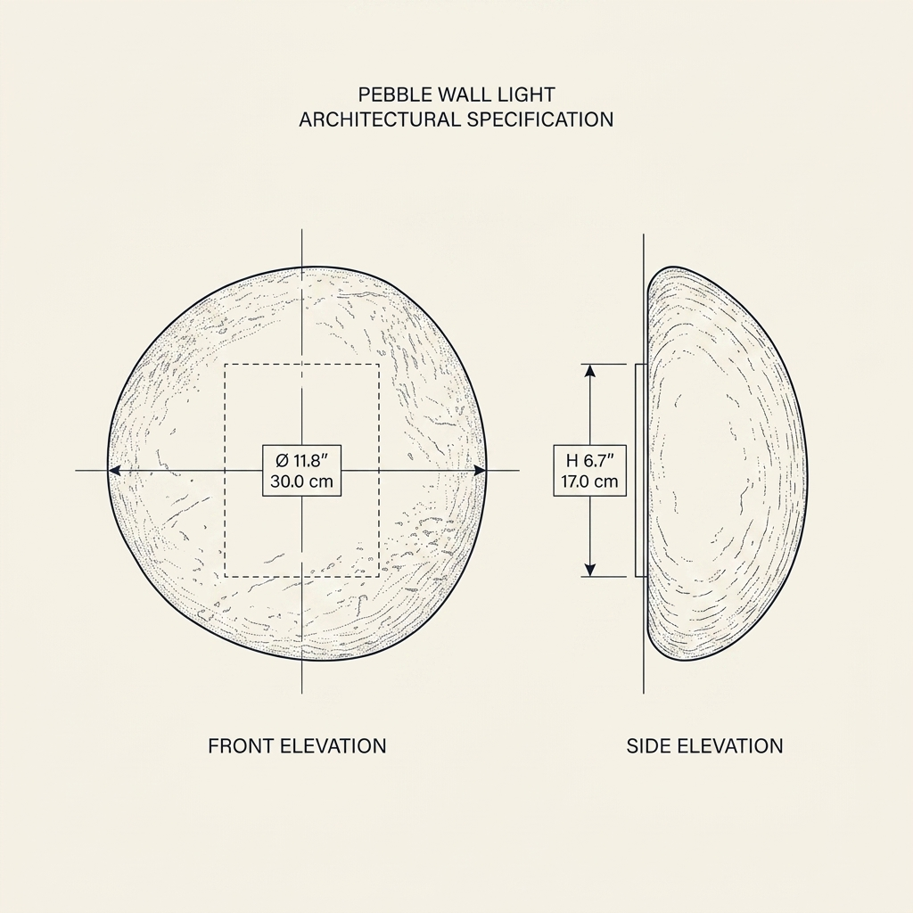 Pebble Stone Wall Light technical dimension drawing showing front and side elevation, diameter 11.8 inches, depth 6.7 inches