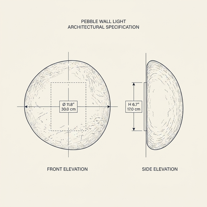 Pebble Stone Wall Light technical dimension drawing showing front and side elevation, diameter 11.8 inches, depth 6.7 inches