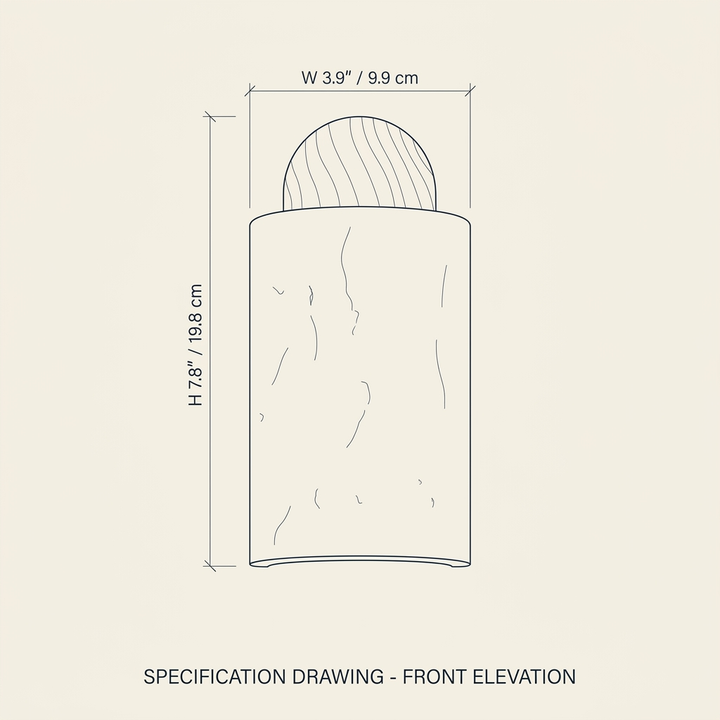 Travertine Capsule Wall Sconce technical dimension drawing showing front elevation, width 3.9 inches, height 7.8 inches