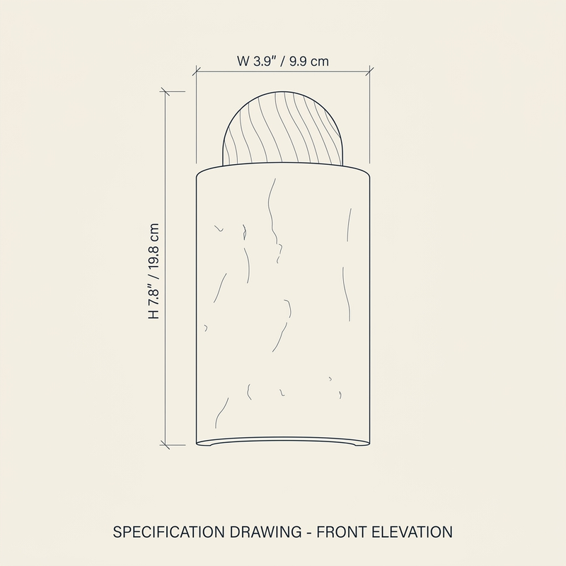 Travertine Capsule Wall Sconce technical dimension drawing showing front elevation, width 3.9 inches, height 7.8 inches