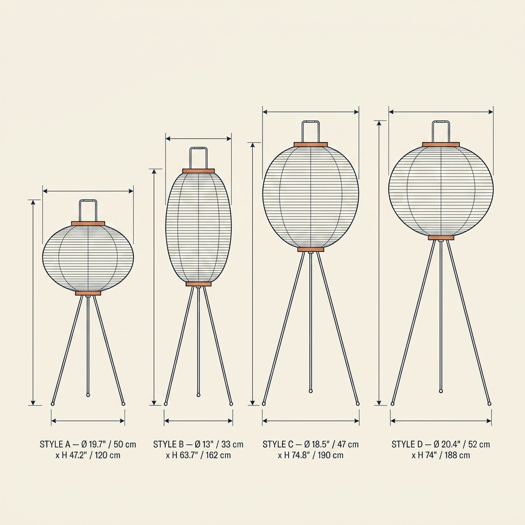Rice Paper Floor Lamp technical dimension drawing showing all four size configurations, Style A through Style D