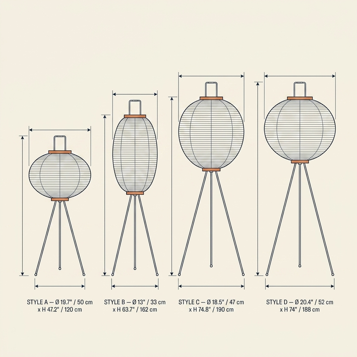 Rice Paper Floor Lamp technical dimension drawing showing all four size configurations, Style A through Style D