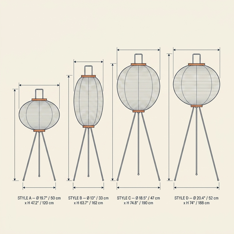 Rice Paper Floor Lamp technical dimension drawing showing all four size configurations, Style A through Style D