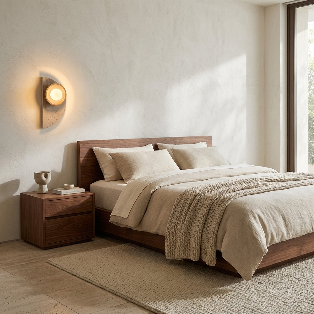 Balance Arc Wall Sconce installed beside a bed in a contemporary bedroom