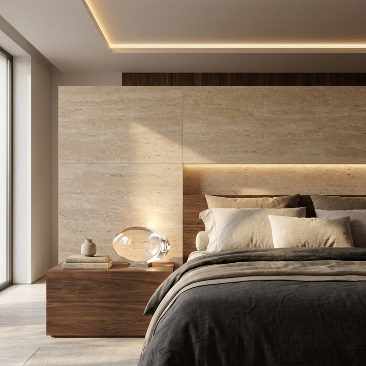 Atman Table Lamp on a bedside table in a contemporary bedroom