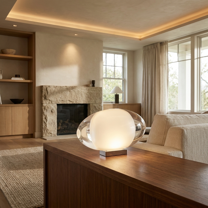 Atman Table Lamp on a console table in a contemporary living room