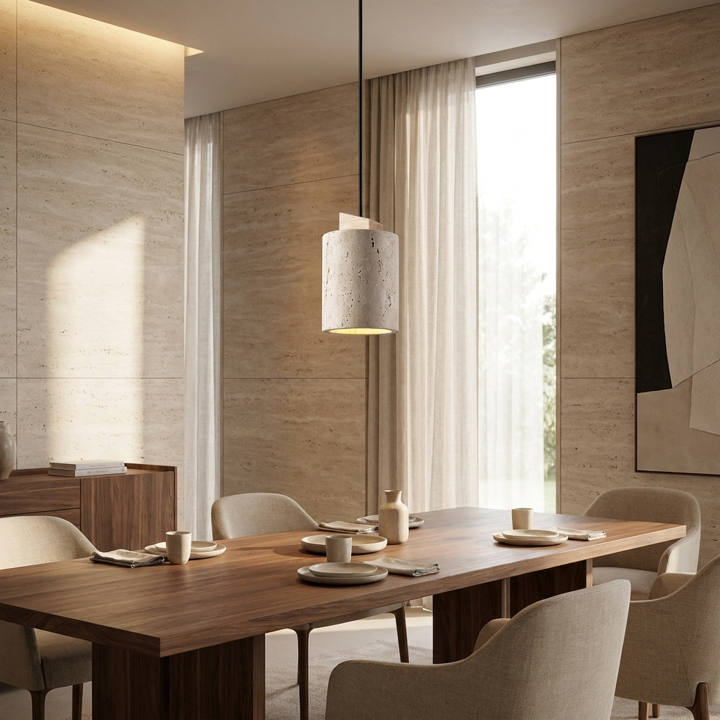 Arvo Cylinder Pendant Lamp installed above a walnut dining table