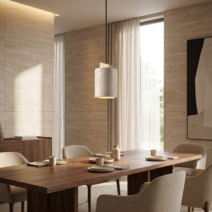 Arvo Cylinder Pendant Lamp installed above a walnut dining table