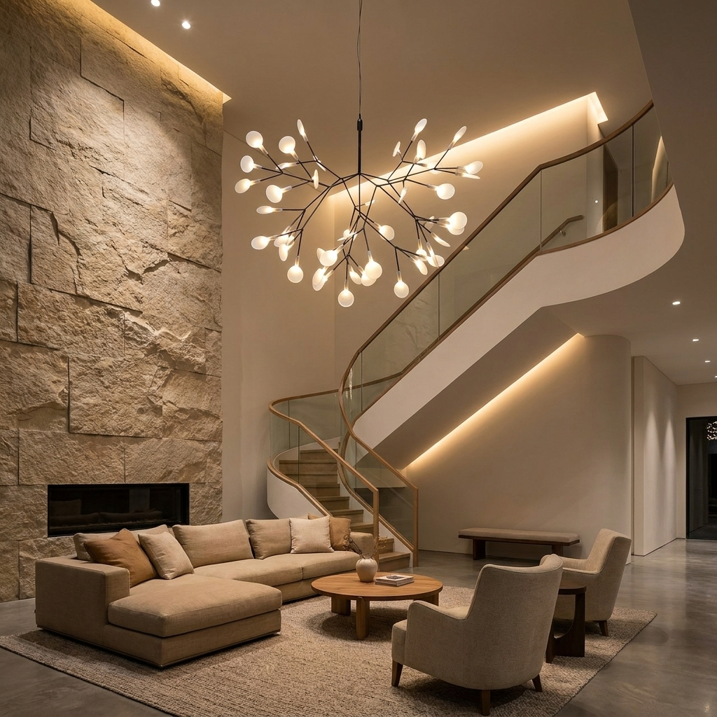 Black Firefly LED Chandelier shown in a double-height living room stairwell