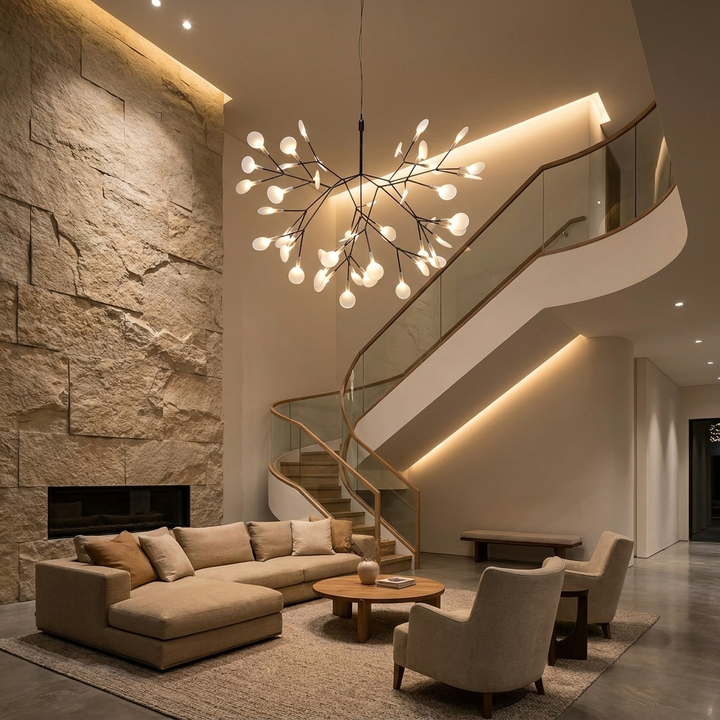 Black Firefly LED Chandelier shown in a double-height living room stairwell
