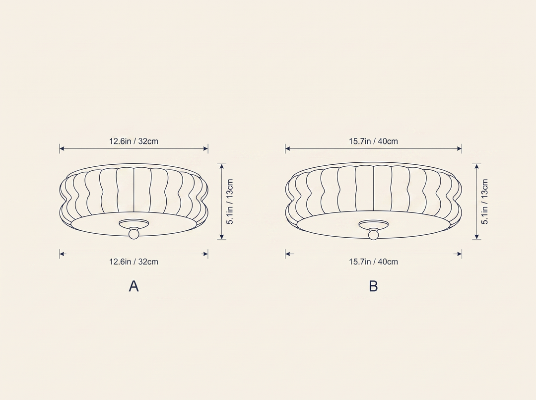 Art Deco Vintage Ceiling Light technical dimension drawing showing two size elevations: 12.6in/32cm and 15.7in/40cm diameter, both 5.1in/13cm height