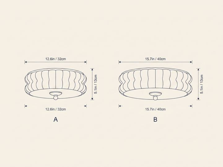 Art Deco Vintage Ceiling Light technical dimension drawing showing two size elevations: 12.6in/32cm and 15.7in/40cm diameter, both 5.1in/13cm height