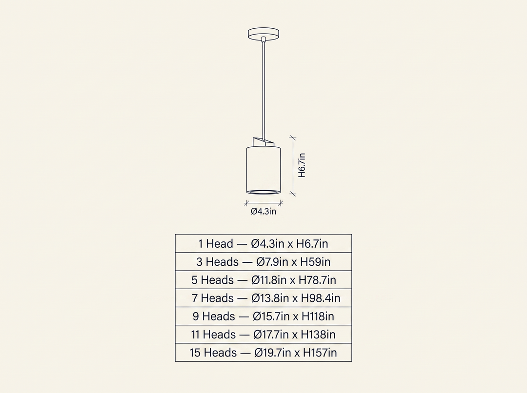 Arvo Cylinder Pendant Lamp technical dimension drawing showing single module and all 7 head-count configurations