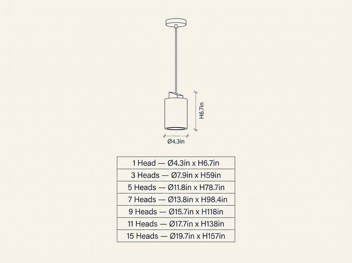Arvo Cylinder Pendant Lamp technical dimension drawing showing single module and all 7 head-count configurations