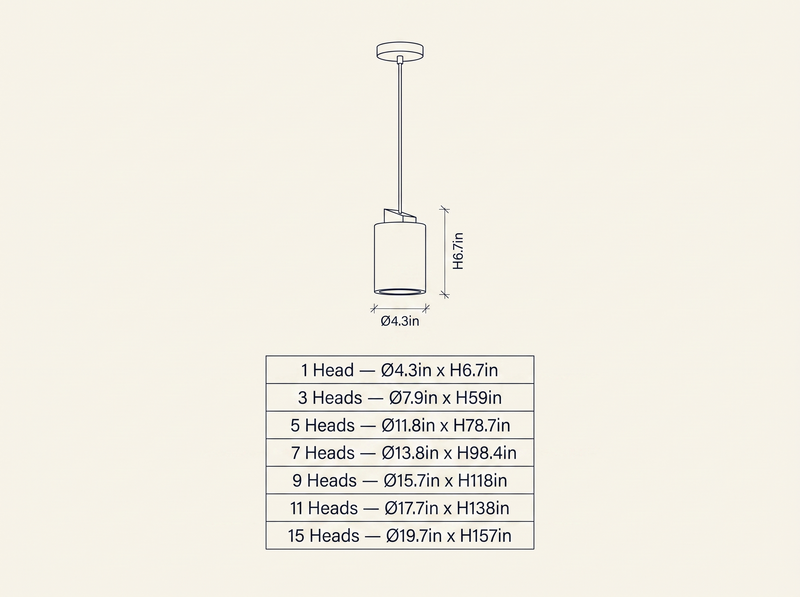 Arvo Cylinder Pendant Lamp technical dimension drawing showing single module and all 7 head-count configurations