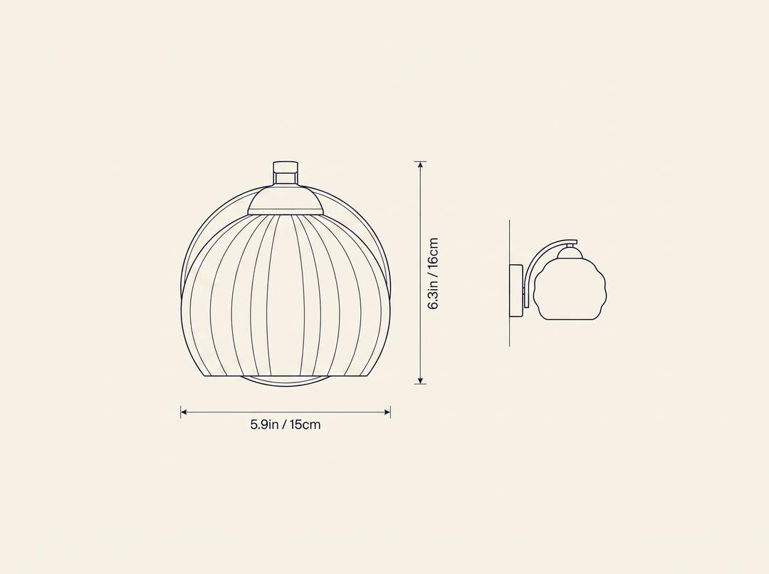Art Deco Vintage Wall Lamp technical dimension drawing, diameter 5.9in/15cm, height 6.3in/16cm