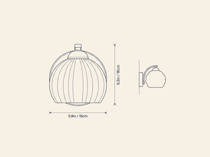 Art Deco Vintage Wall Lamp technical dimension drawing, diameter 5.9in/15cm, height 6.3in/16cm
