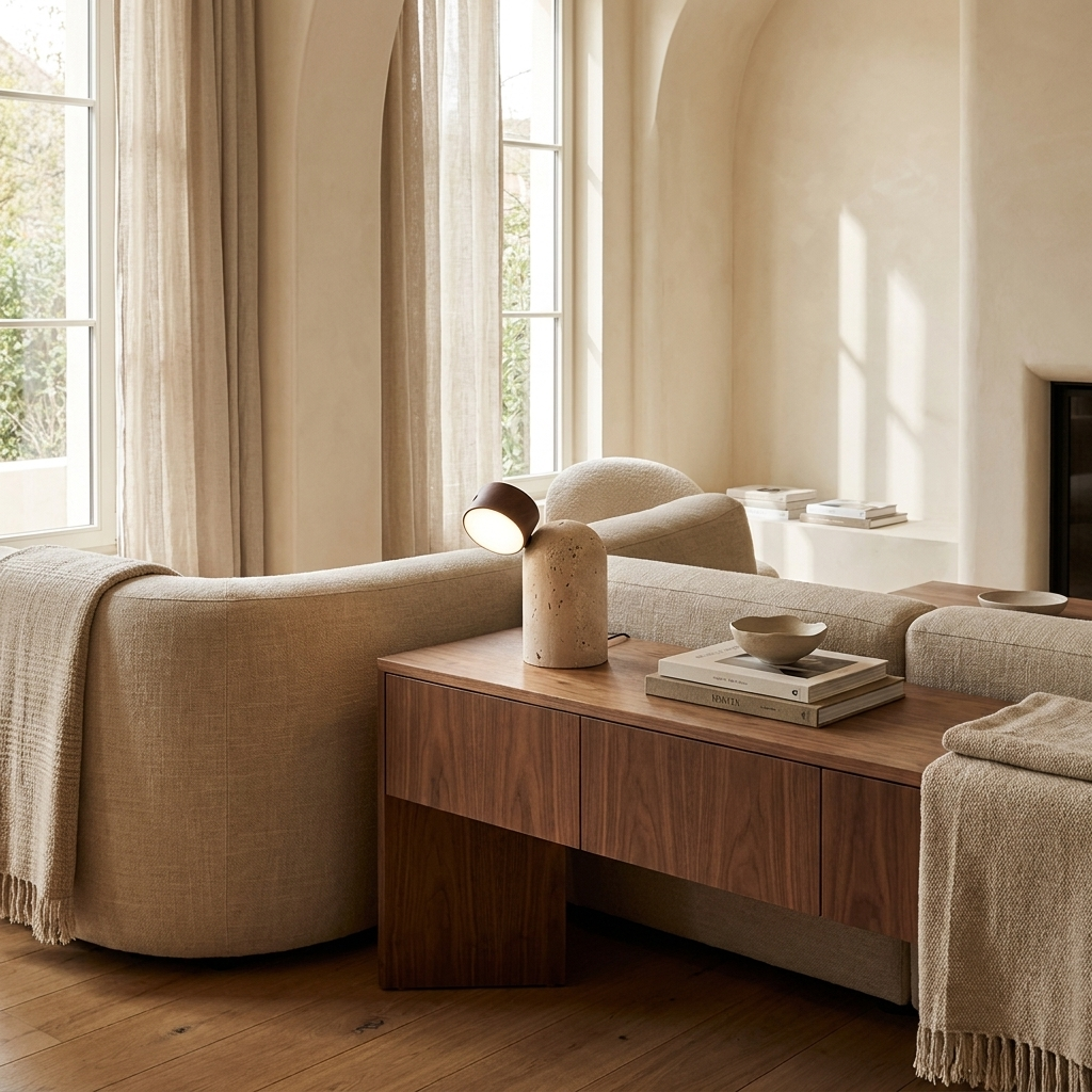 Capsule Stone Table Lamp on a console table in a contemporary living room