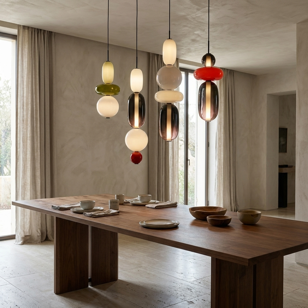 Candied Glass Pendant Light installed above a walnut dining table