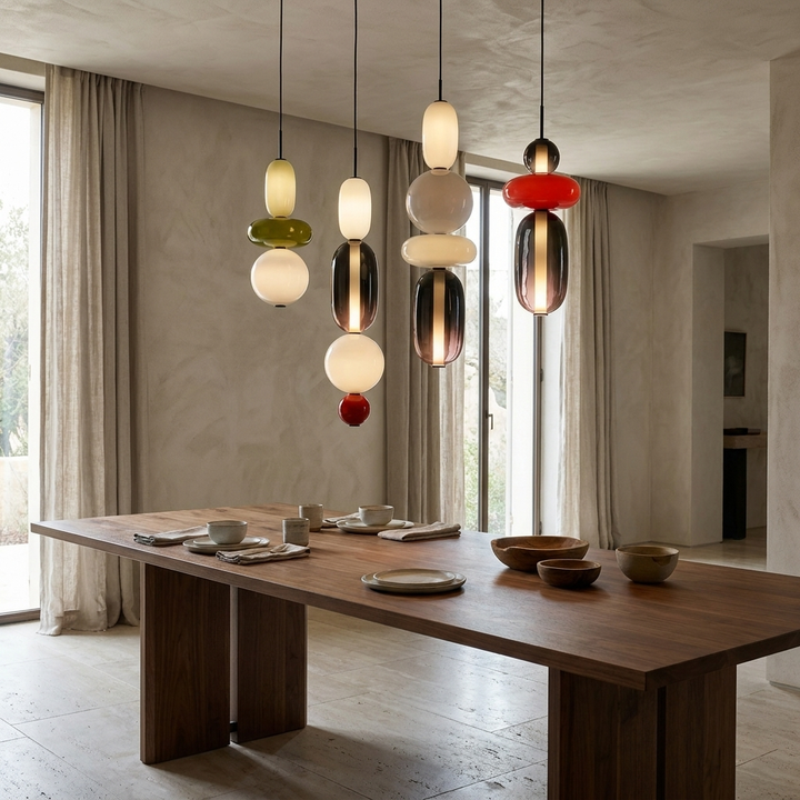 Candied Glass Pendant Light installed above a walnut dining table