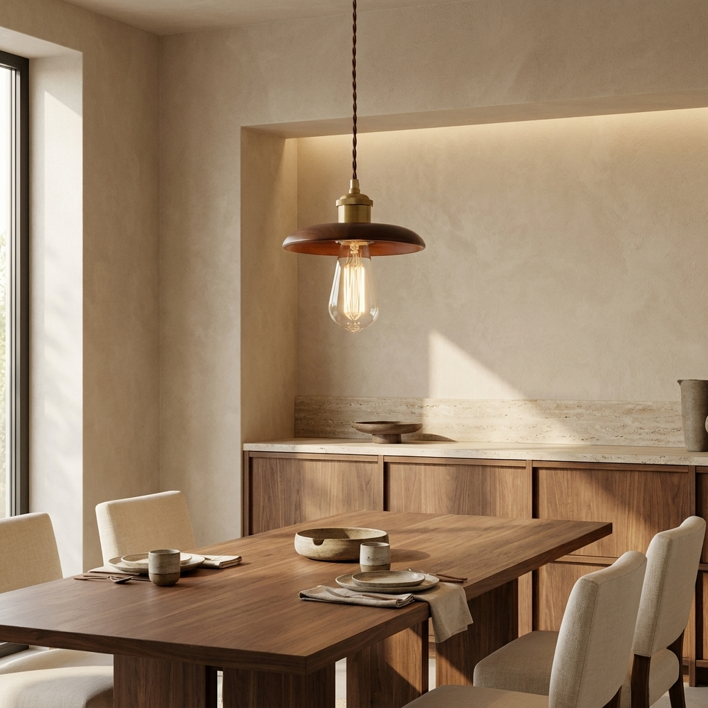 Brenton Arch Pendant Lamp installed above a walnut dining table