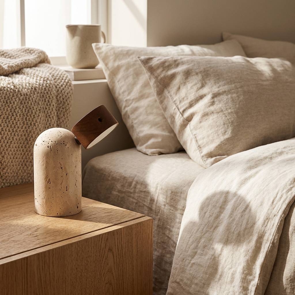 Capsule Stone Table Lamp on a bedside table in a contemporary bedroom