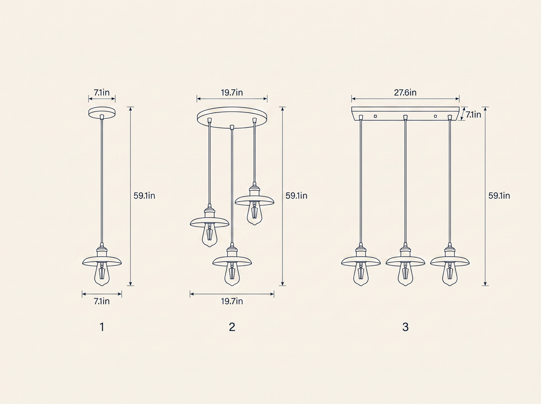 Brenton Arch Pendant Lamp technical dimension drawing showing all 3 verified configurations